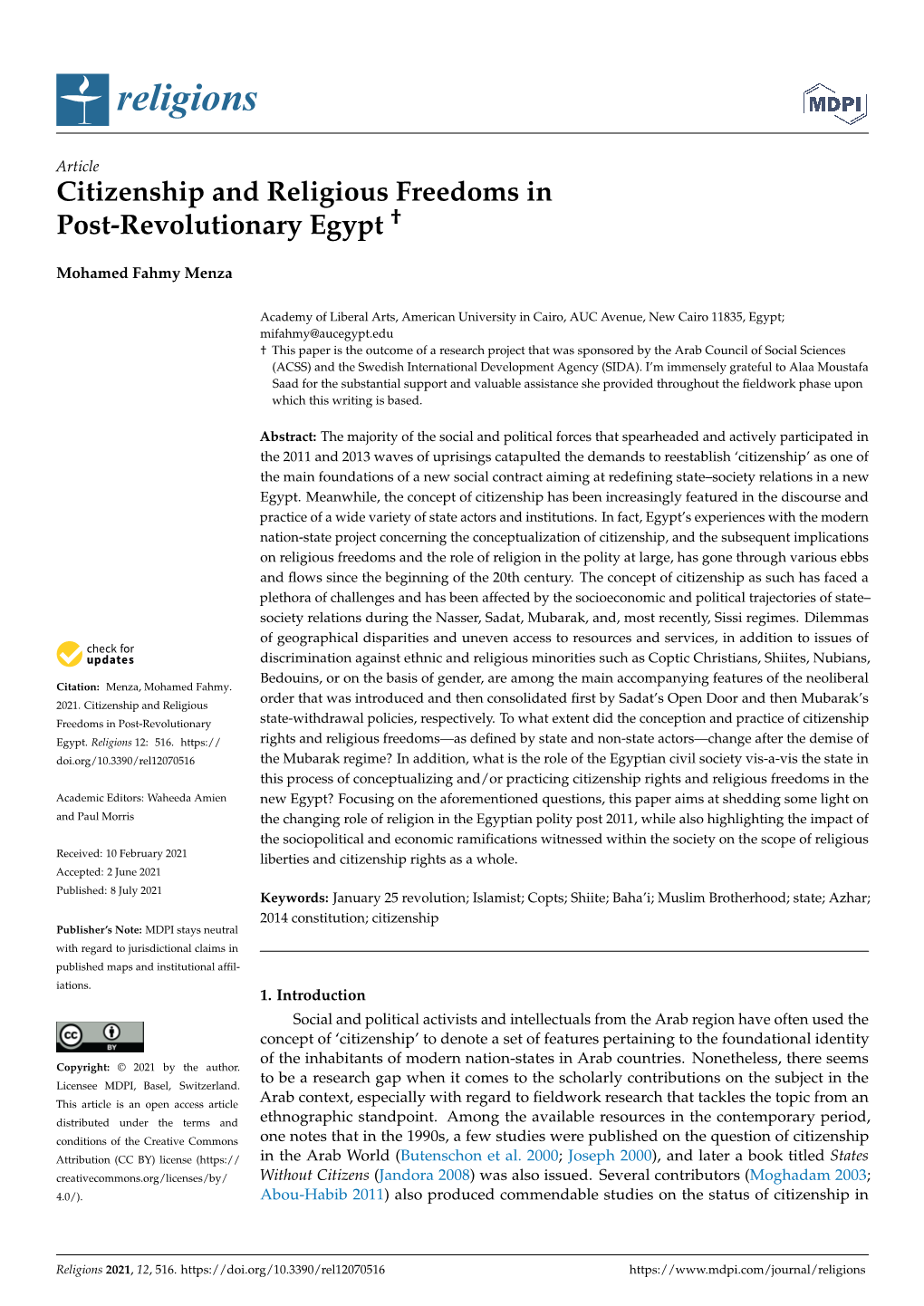 Citizenship and Religious Freedoms in Post-Revolutionary Egypt †