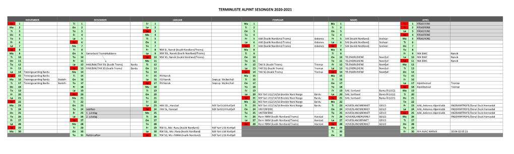 Terminliste Alpint Sesongen 2020-2021