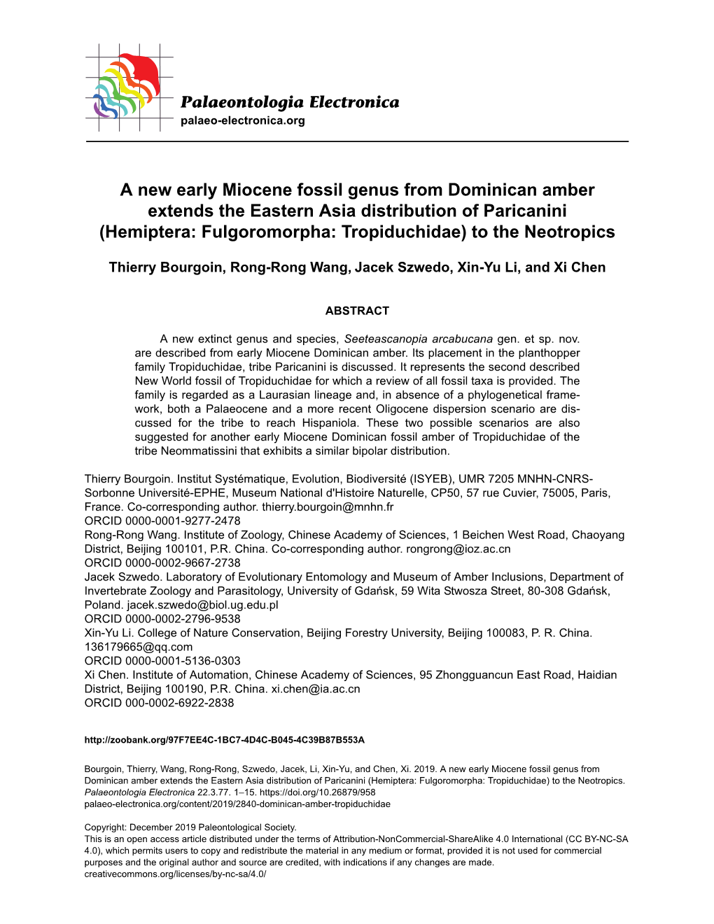 A New Early Miocene Fossil Genus from Dominican Amber Extends the Eastern Asia Distribution of Paricanini (Hemiptera: Fulgoromorpha: Tropiduchidae) to the Neotropics