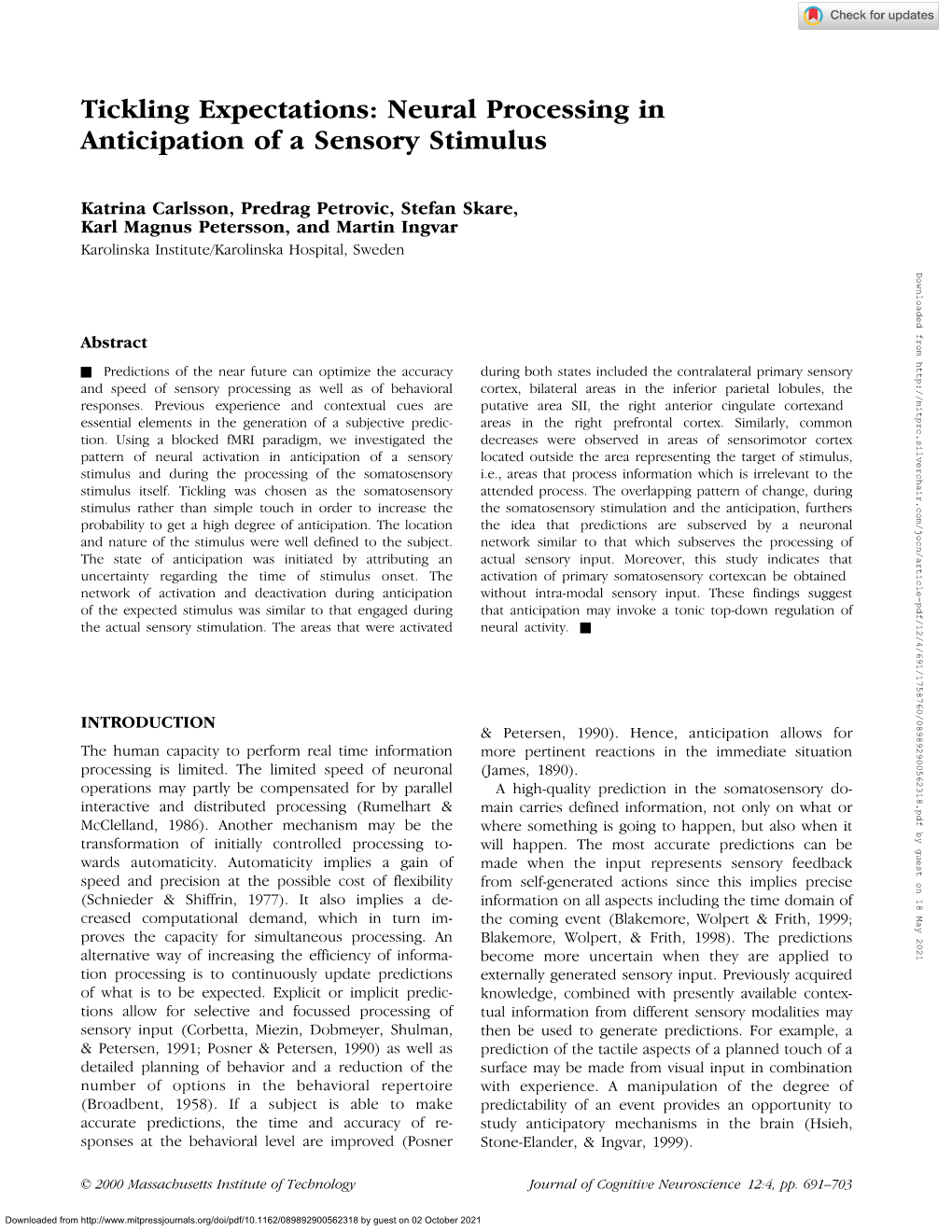 Tickling Expectations: Neural Processing in Anticipation of a Sensory Stimulus