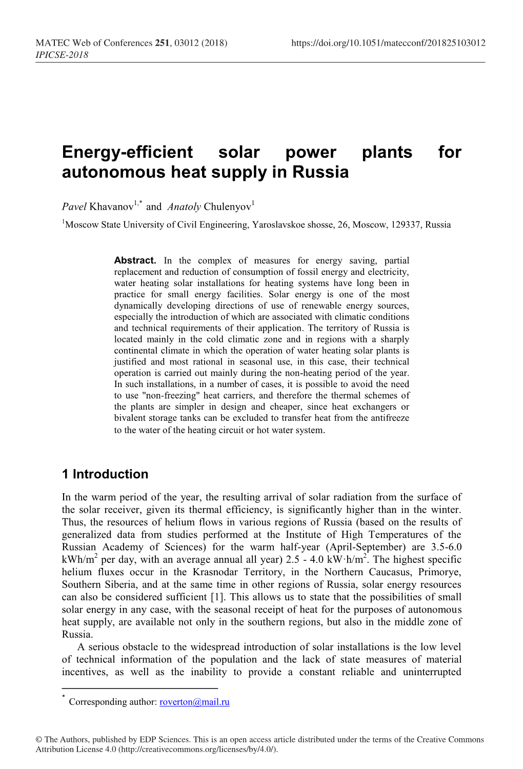 Energy-Efficient Solar Power Plants for Autonomous Heat Supply in Russia