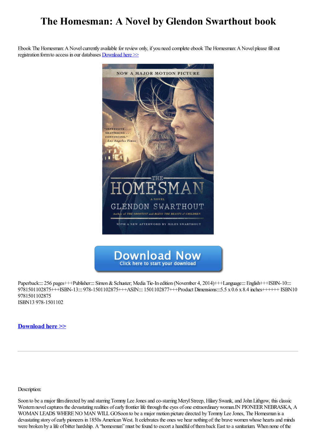 The Homesman: a Novel by Glendon Swarthout Book