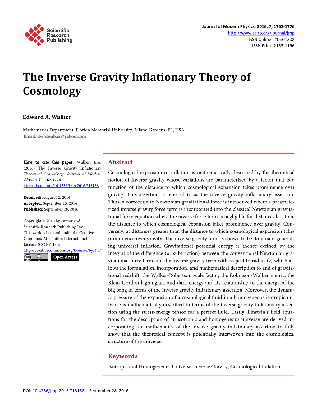 The Inverse Gravity Inflationary Theory of Cosmology