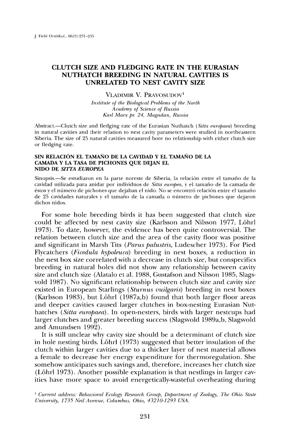 Clutch Size and Fledging Rate in the Eurasian Nuthatch Breeding in Natural Cavities Is Unrelated to Nest Cavity Size