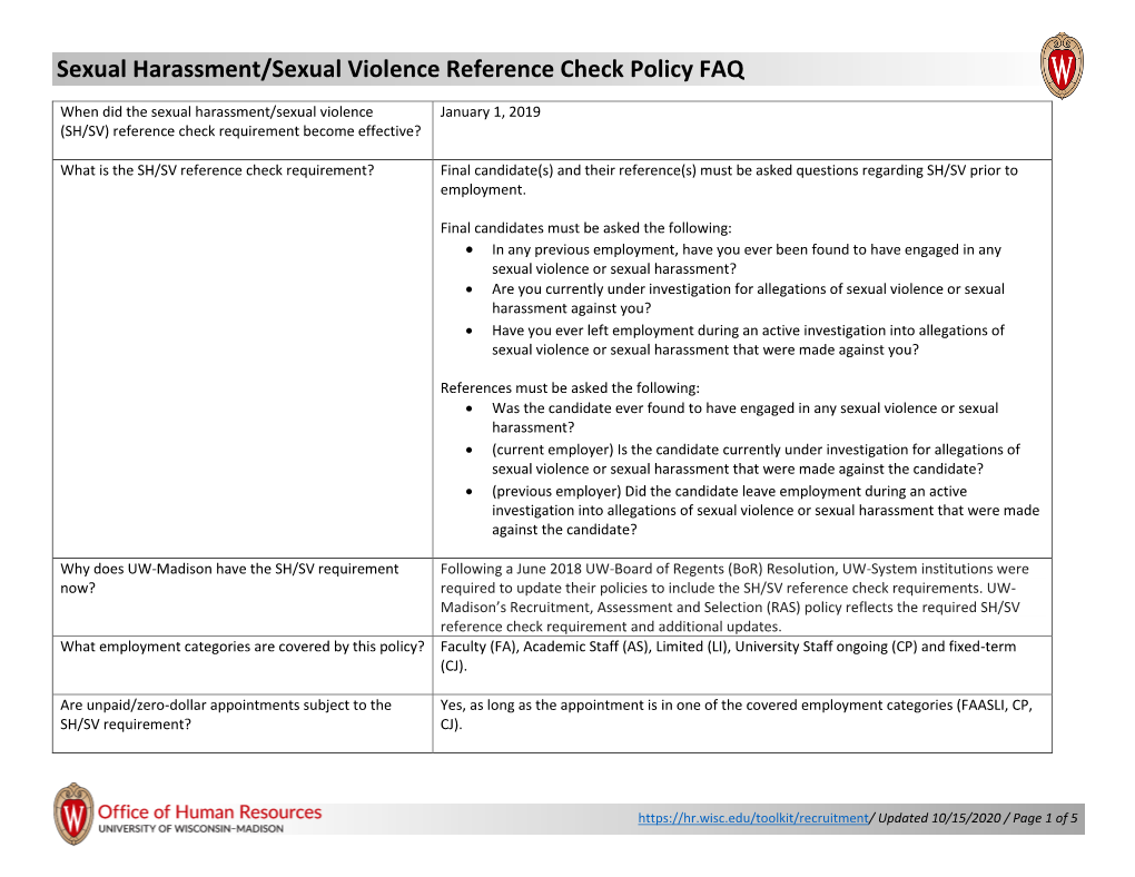 Sexual Harassment/Sexual Violence Reference Check Policy FAQ