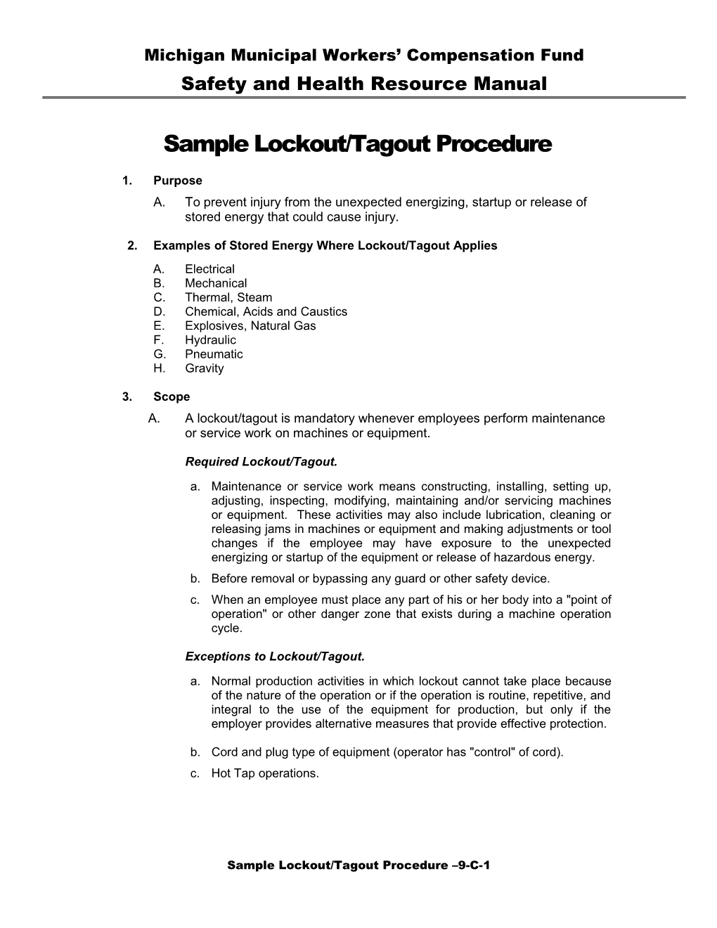 Sample Lockout/Tagout Procedure