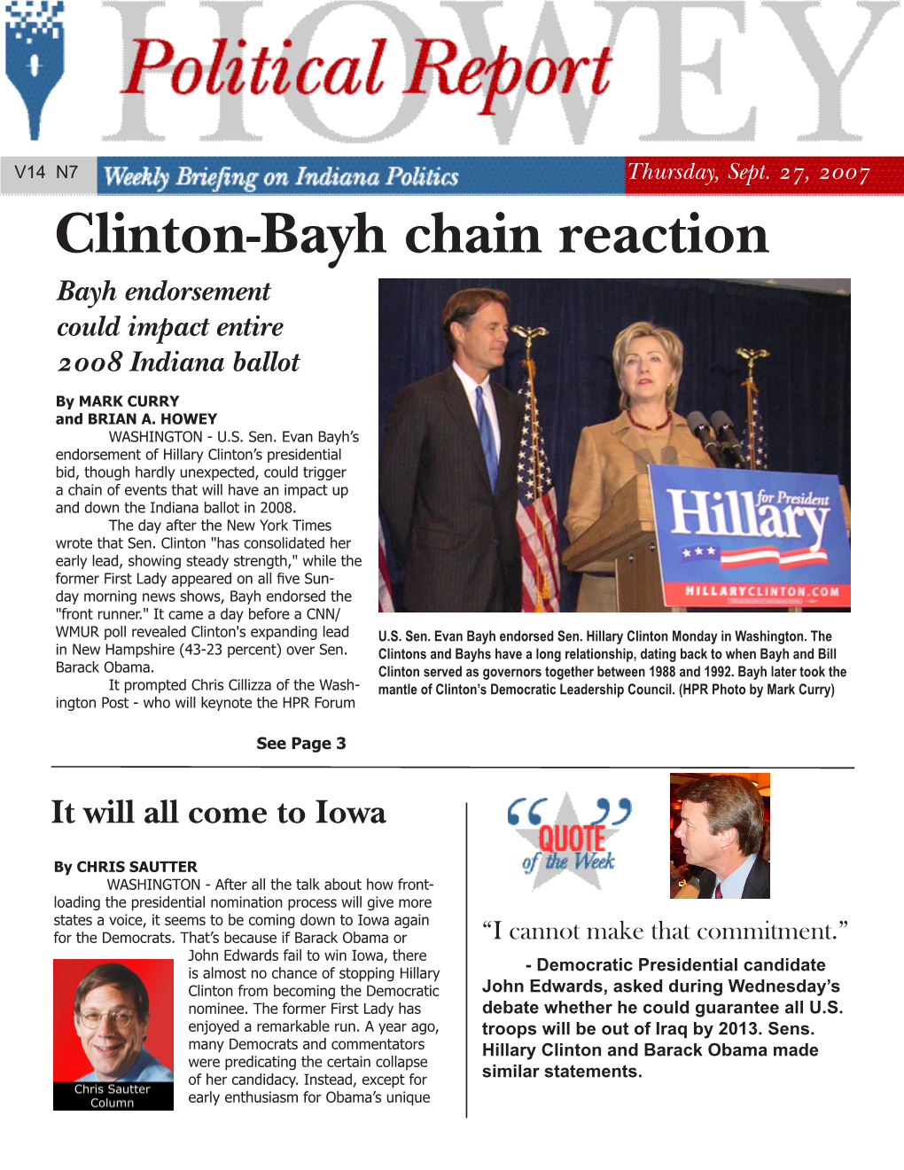 Clinton-Bayh Chain Reaction Bayh Endorsement Could Impact Entire 2008 Indiana Ballot