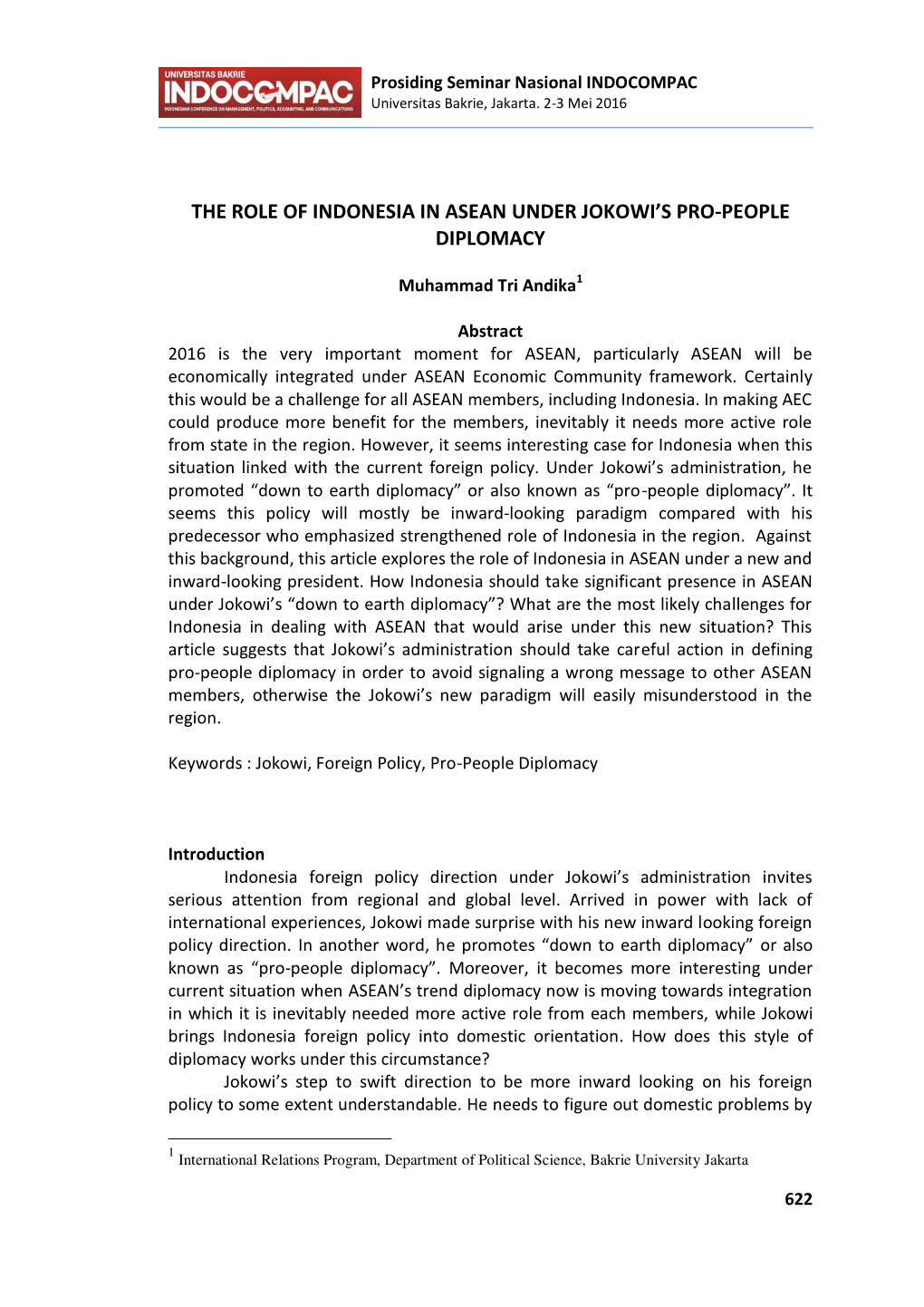 The Role of Indonesia in Asean Under Jokowi's Pro