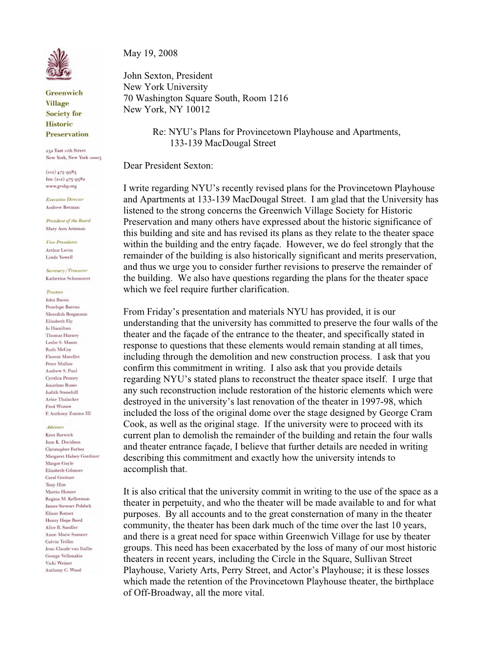 Letter to NYU About Revised Demolition Plans
