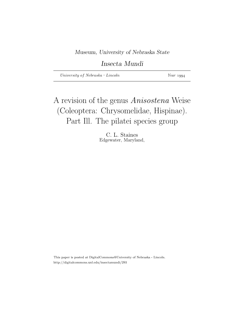 A Revision of the Genus Anisostena Weise (Coleoptera: Chrysomelidae, Hispinae). Part Ill. the Pilatei Species Group