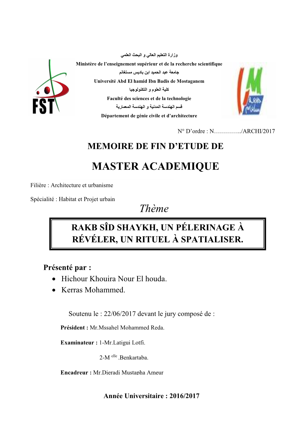 MASTER ACADEMIQUE Thème