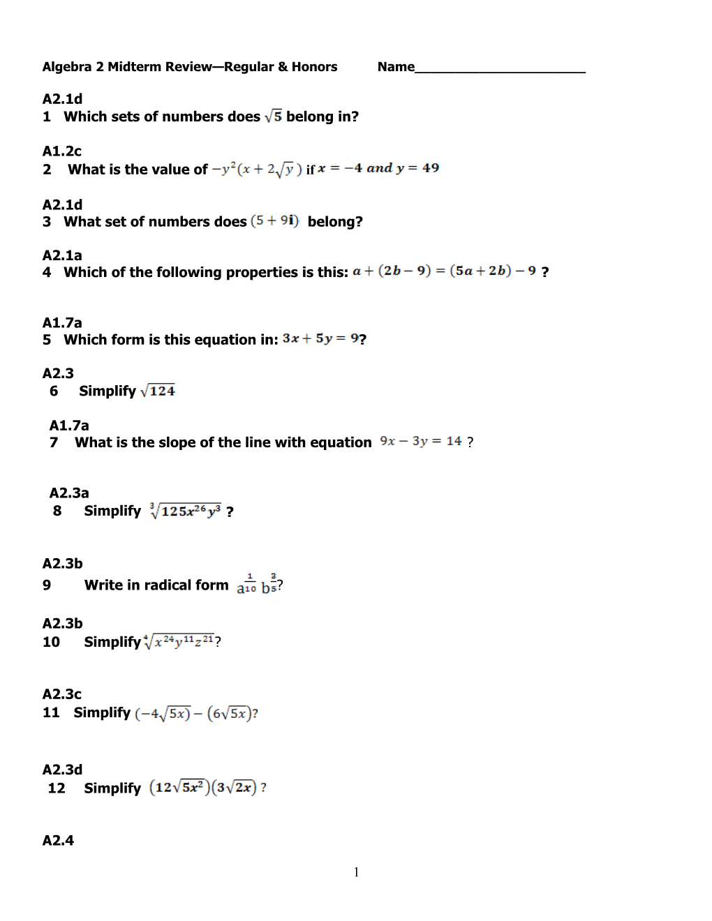 Algebra 2 Midterm Review Regular & Honors Name______