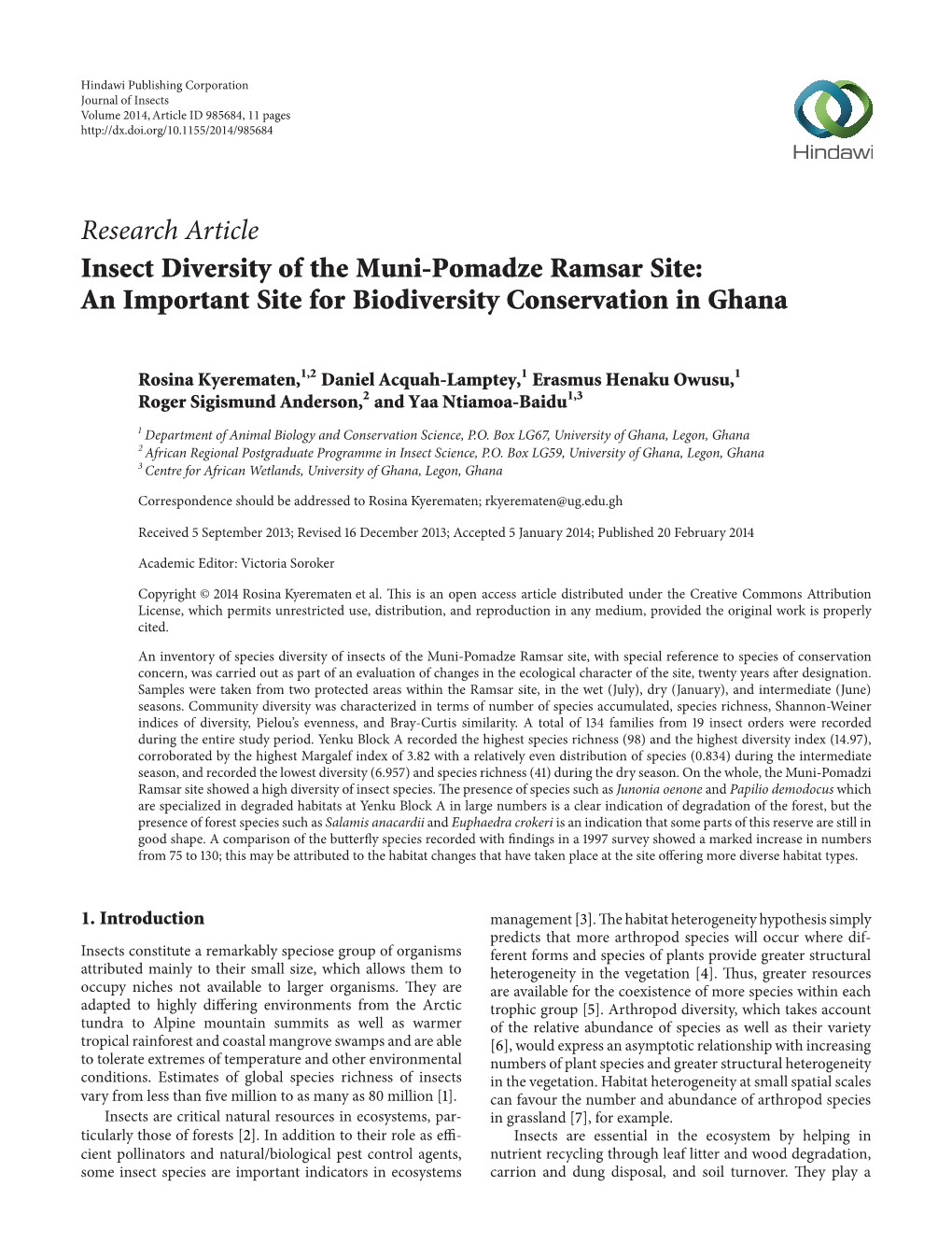 Insect Diversity of the Muni-Pomadze Ramsar Site: an Important Site for Biodiversity Conservation in Ghana