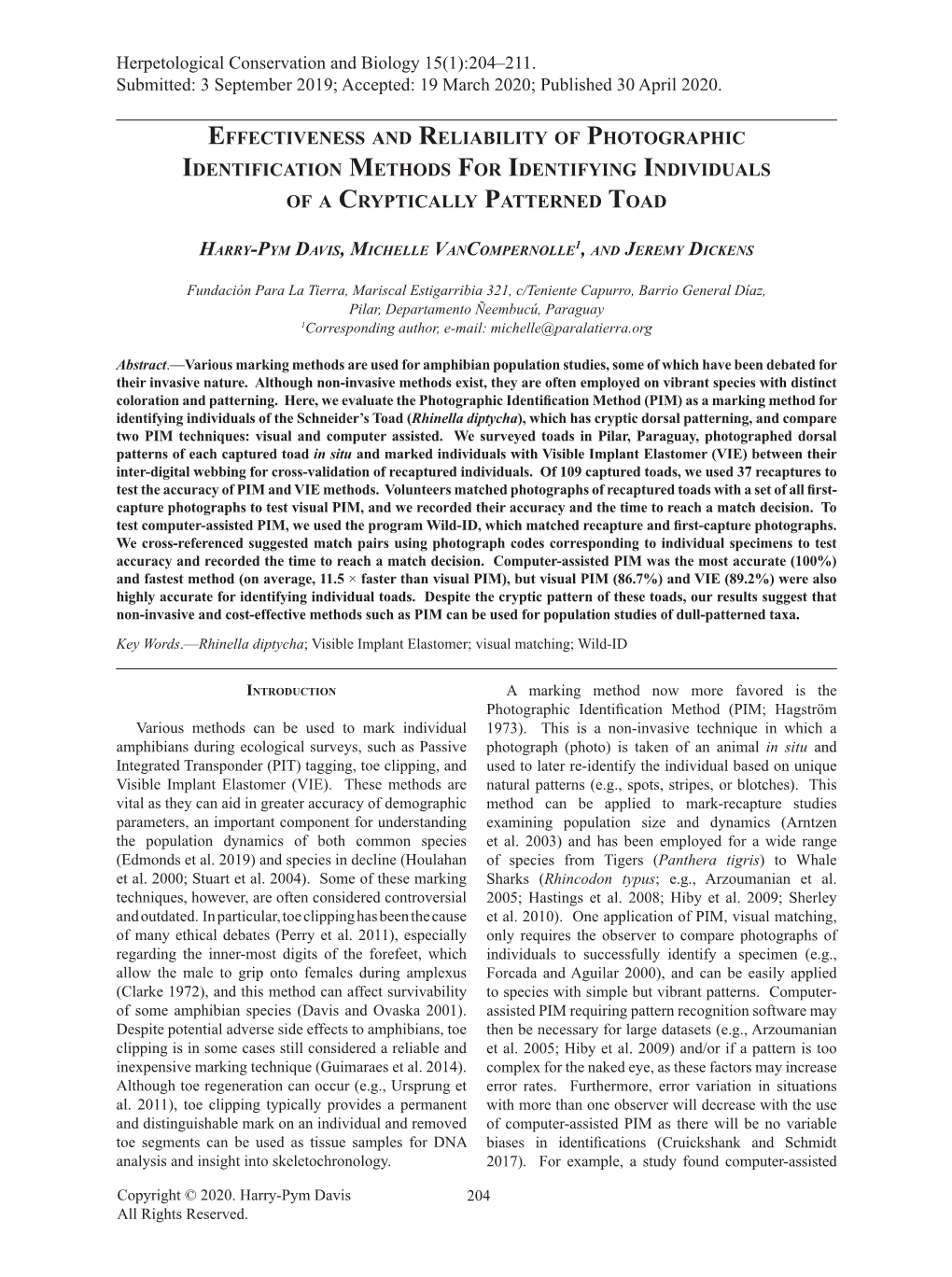 Effectiveness and Reliability of Photographic Identification Methods for Identifying Individuals of a Cryptically Patterned Toad