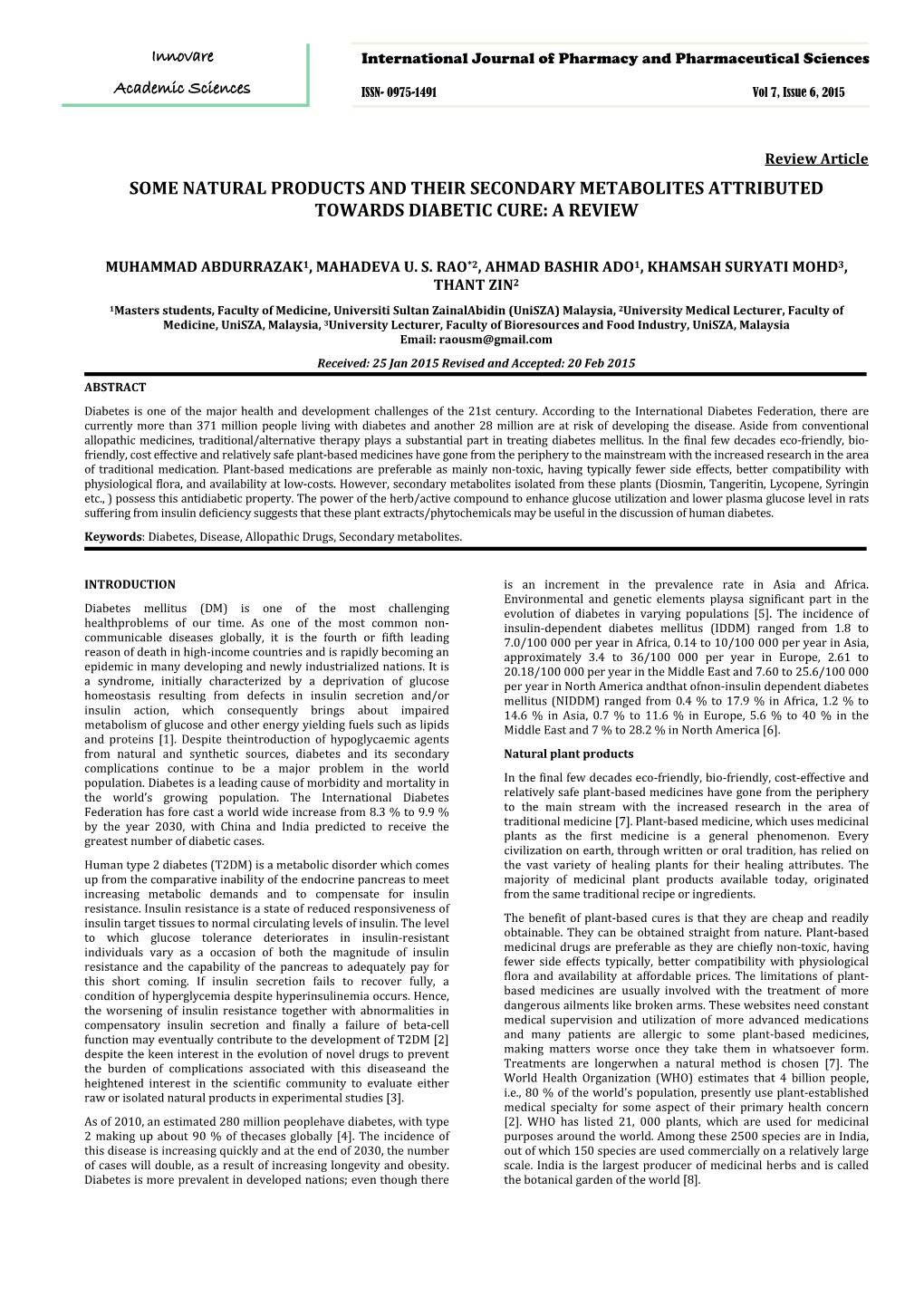 Some Natural Products and Their Secondary Metabolites Attributed Towards Diabetic Cure: a Review