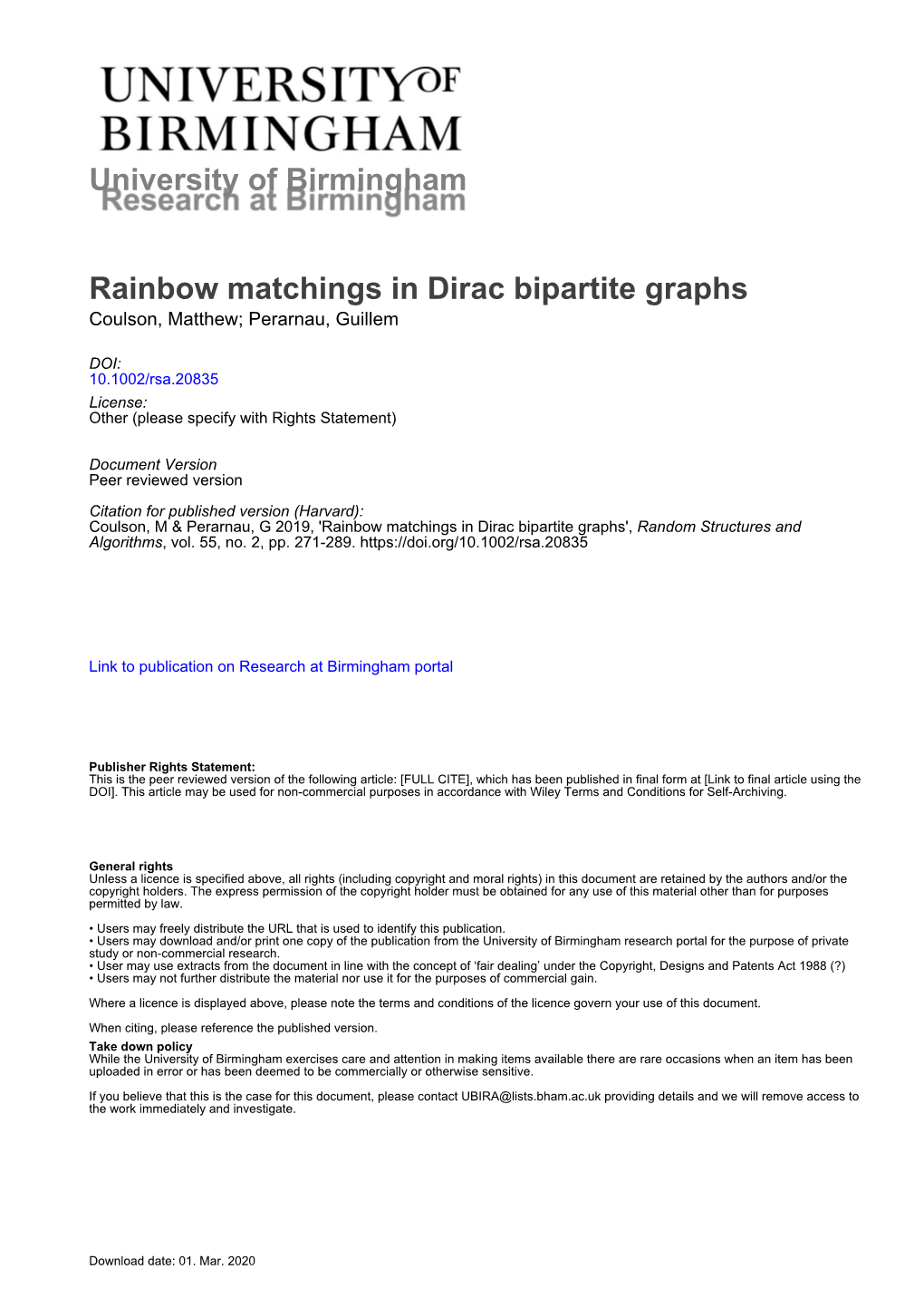 University of Birmingham Rainbow Matchings in Dirac Bipartite Graphs