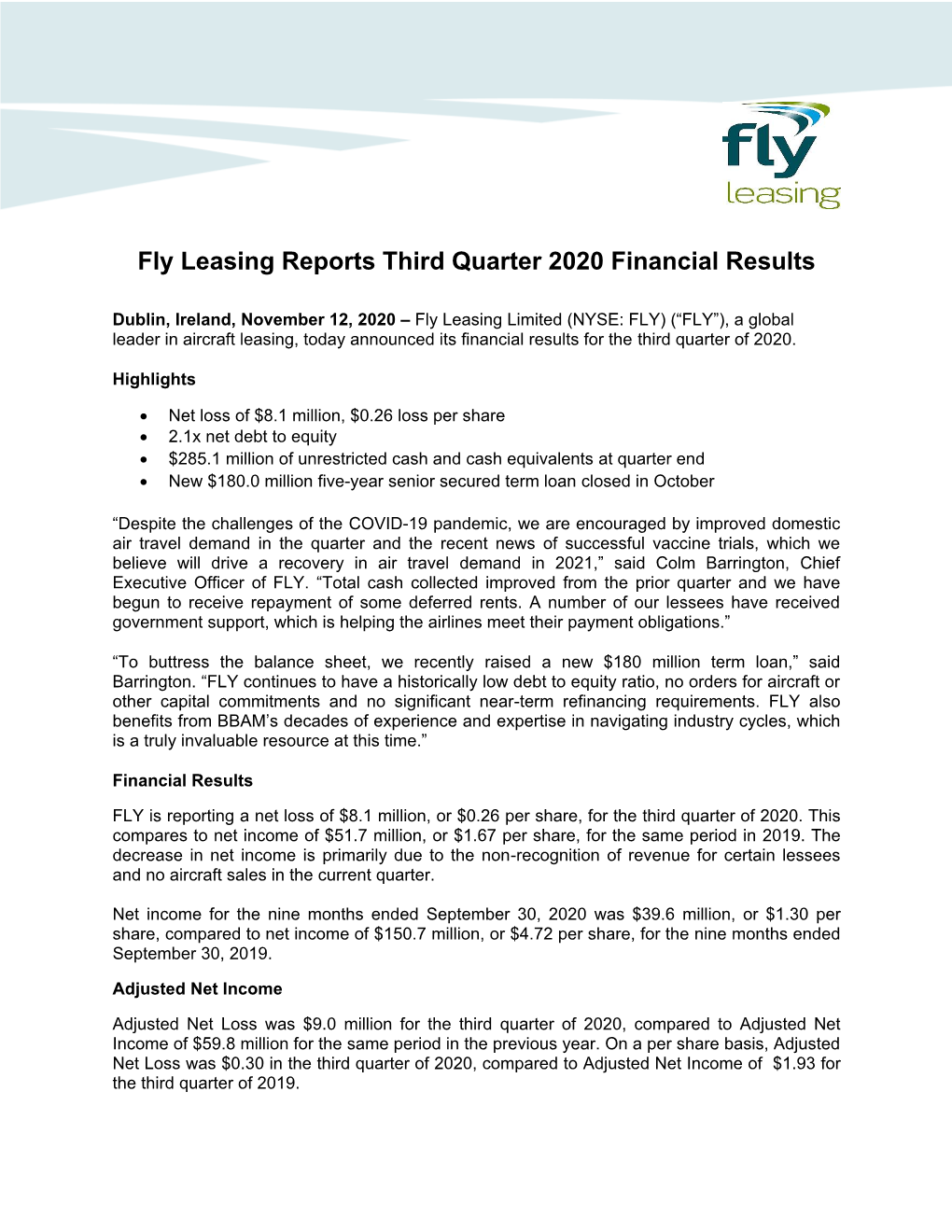 Fly Leasing Reports Third Quarter 2020 Financial Results