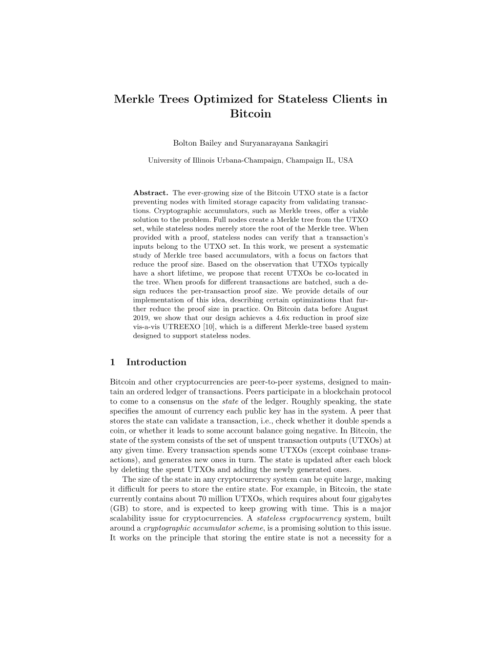 Merkle Trees Optimized for Stateless Clients in Bitcoin