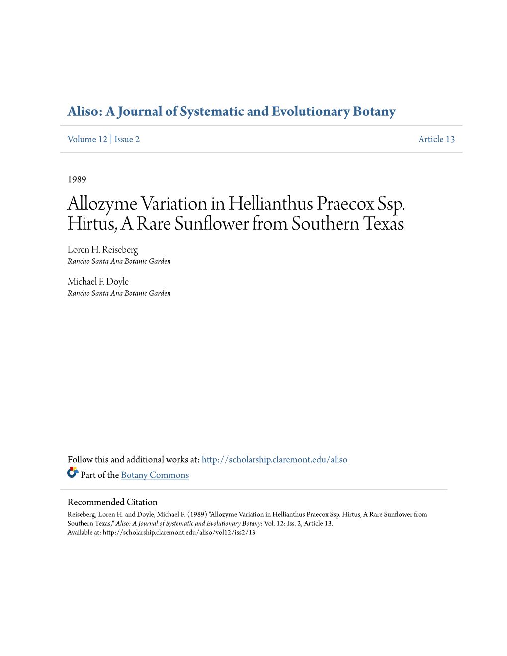 Allozyme Variation in Hellianthus Praecox Ssp. Hirtus, a Rare Sunflower from Southern Texas Loren H