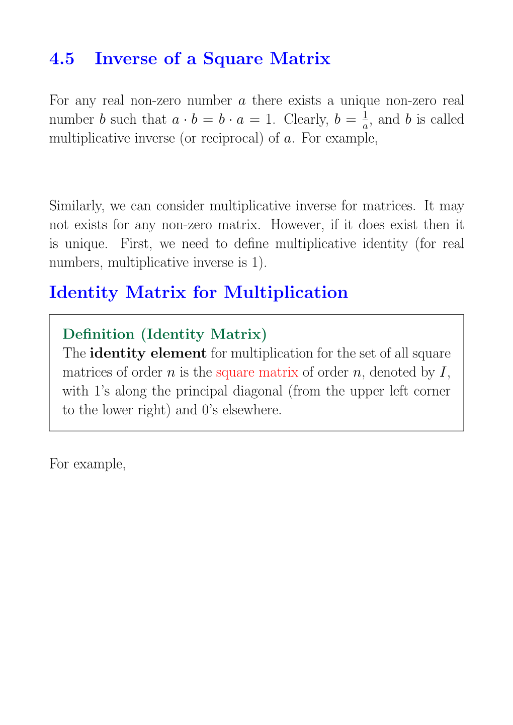 4.5 Inverse of a Square Matrix Identity Matrix for Multiplication