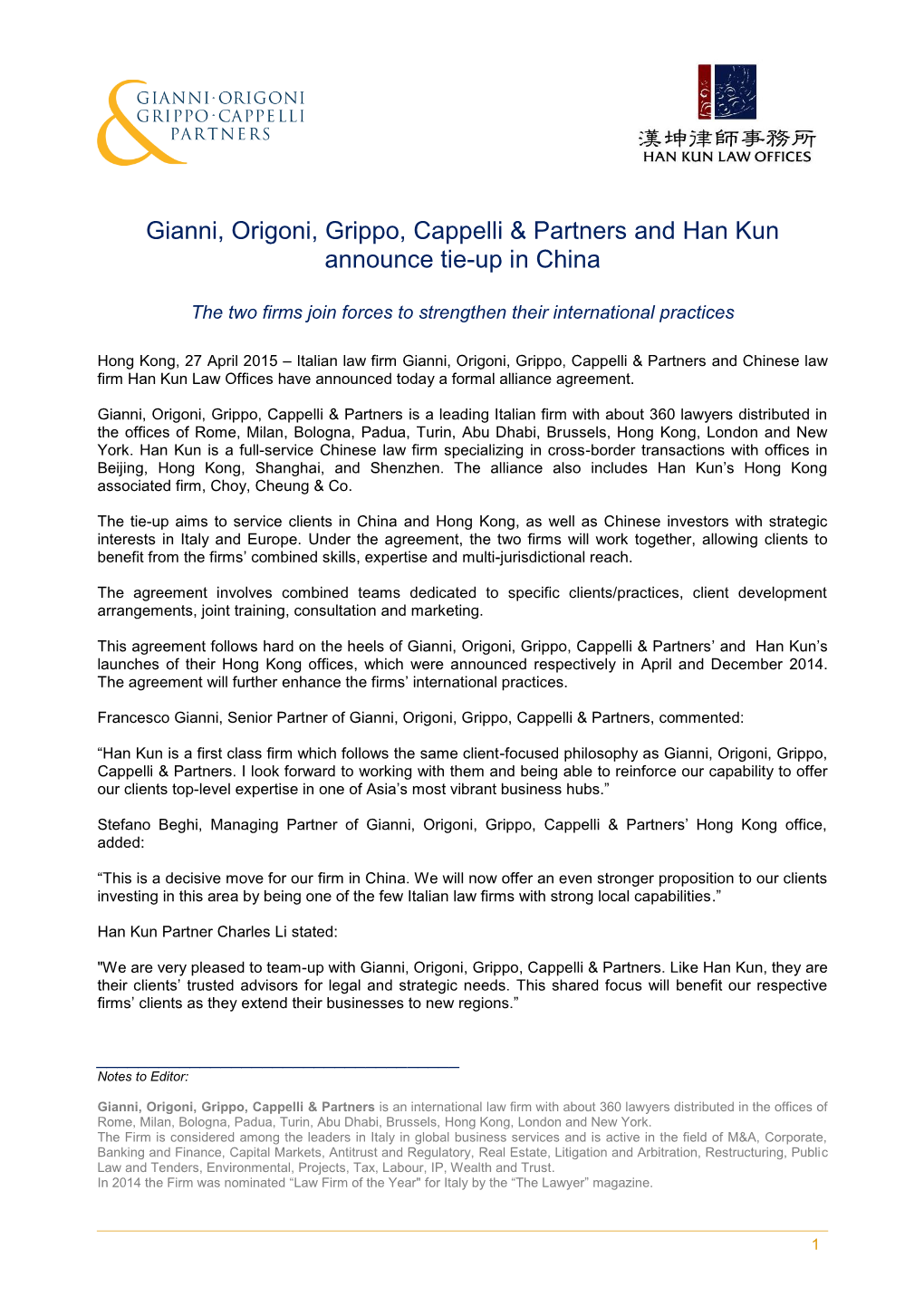 Gianni, Origoni, Grippo, Cappelli & Partners and Han Kun Announce Tie