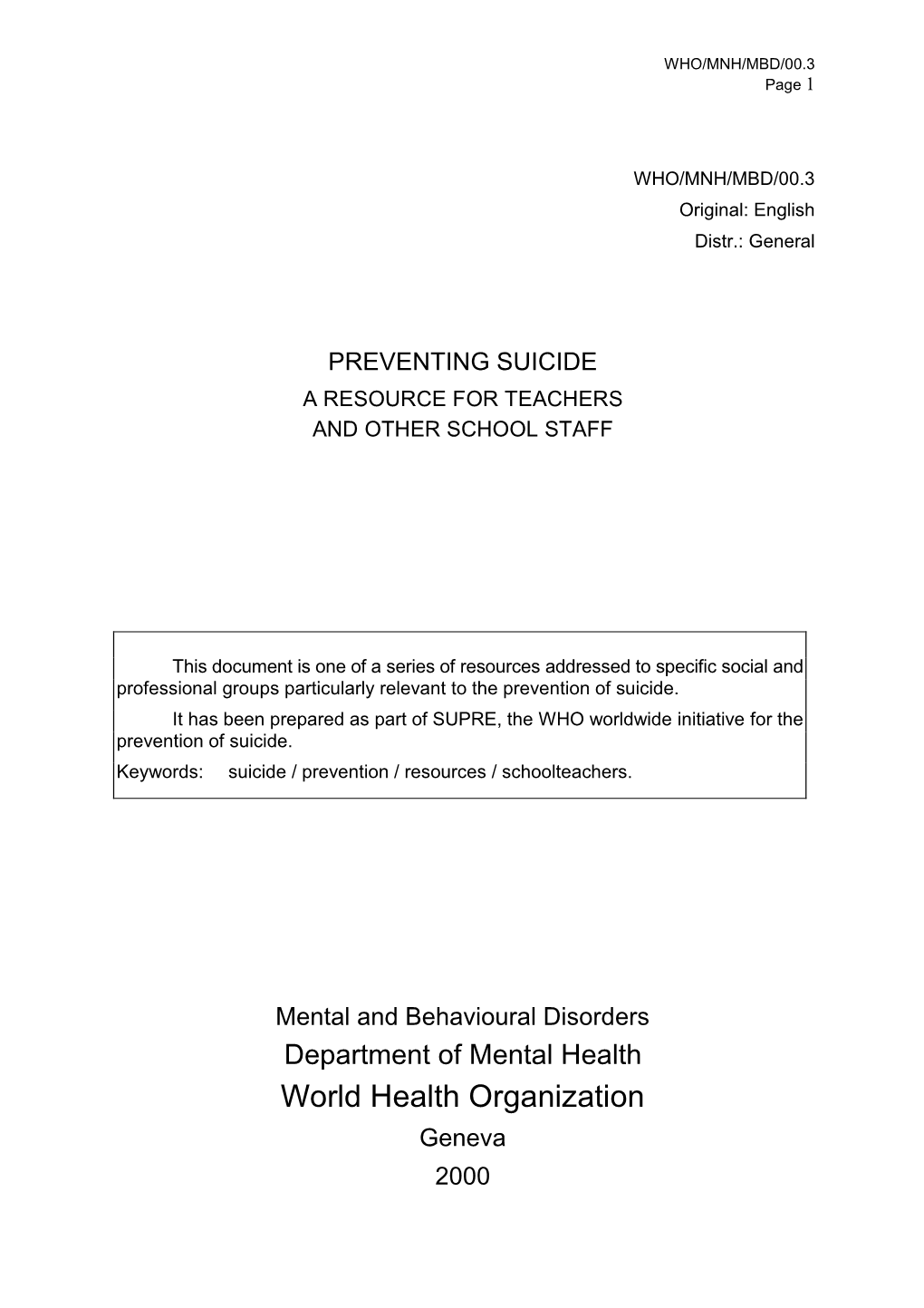 Preventing Suicide a Resource for Teachers and Other School Staff