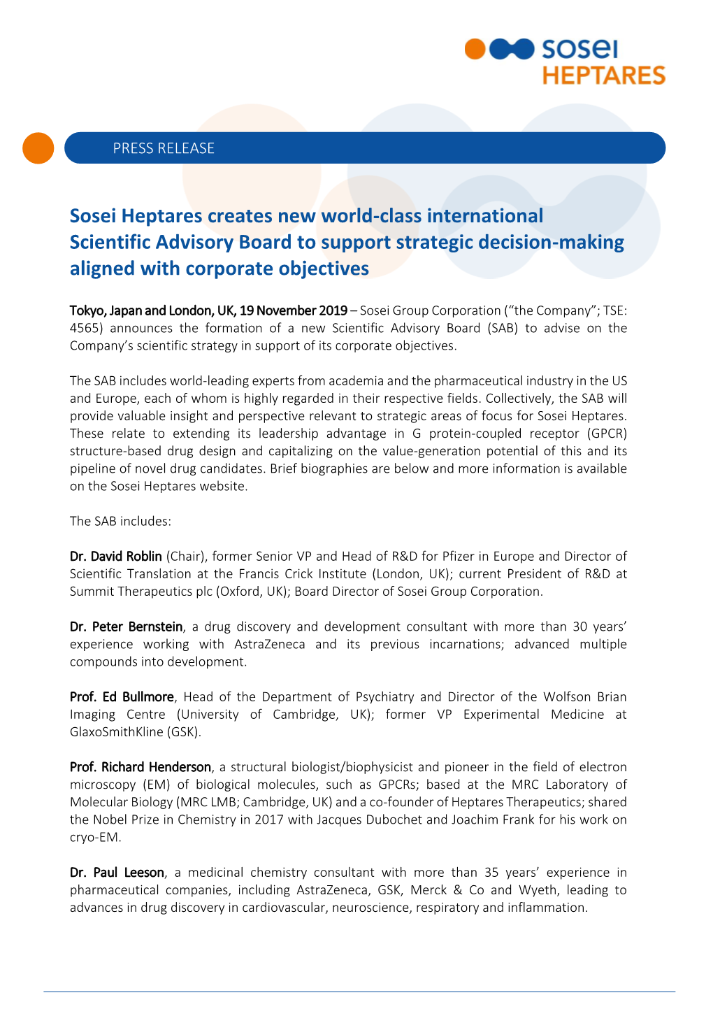 Sosei Heptares Creates New World-Class International Scientific Advisory Board to Support Strategic Decision-Making Aligned with Corporate Objectives