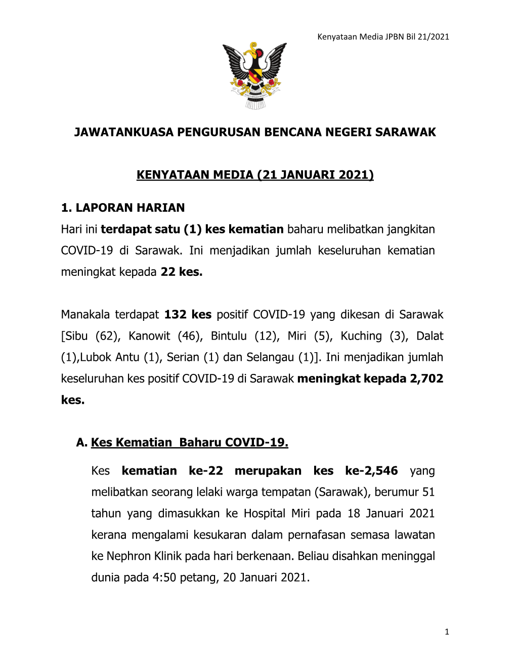 (21 JANUARI 2021) 1. LAPORAN HARIAN Hari Ini Terdapat Satu (1) Ke