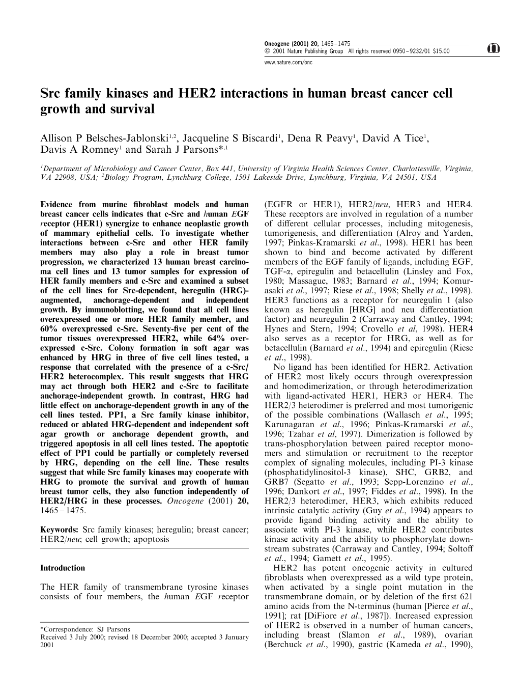 Src Family Kinases and HER2 Interactions in Human Breast Cancer Cell Growth and Survival