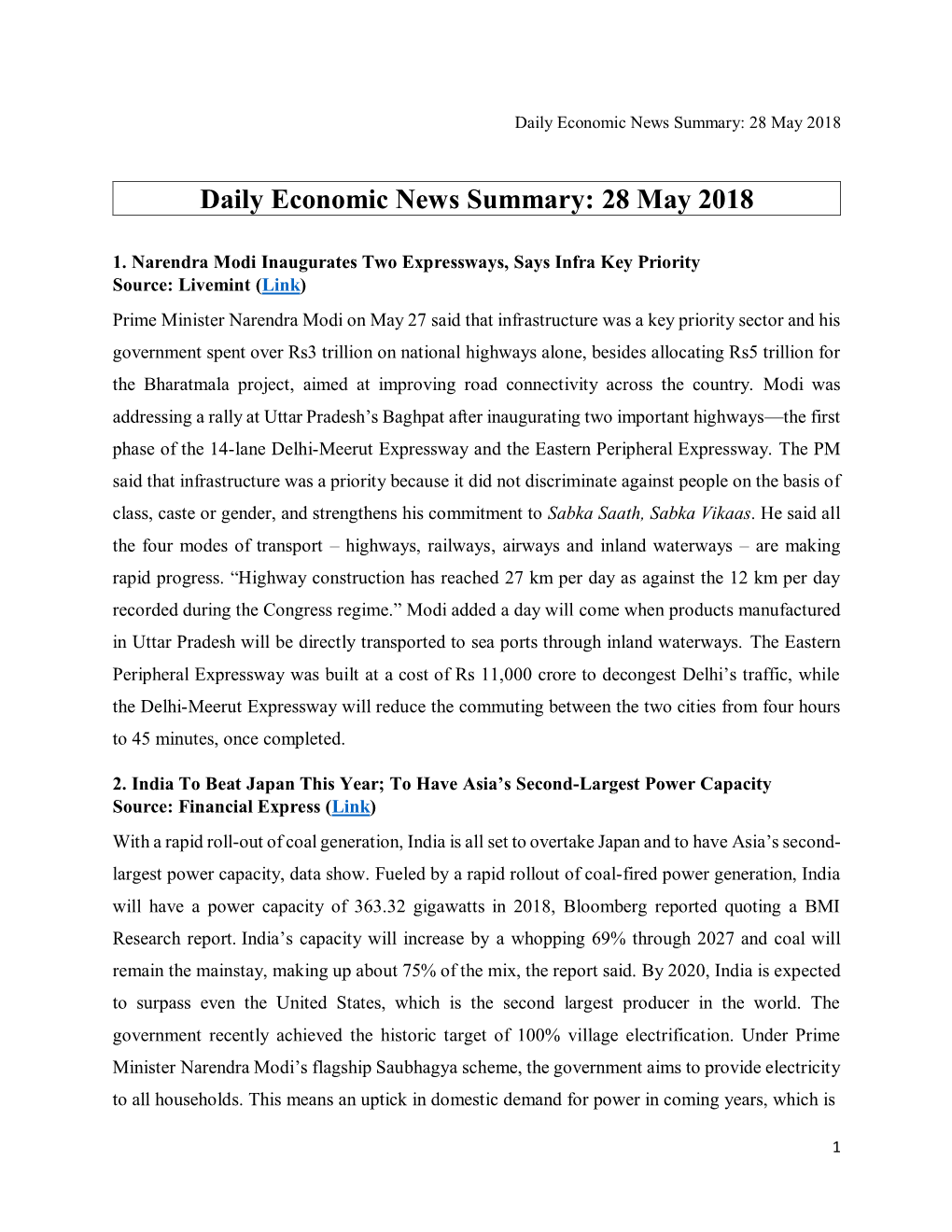 Daily Economic News Summary: 28 May 2018