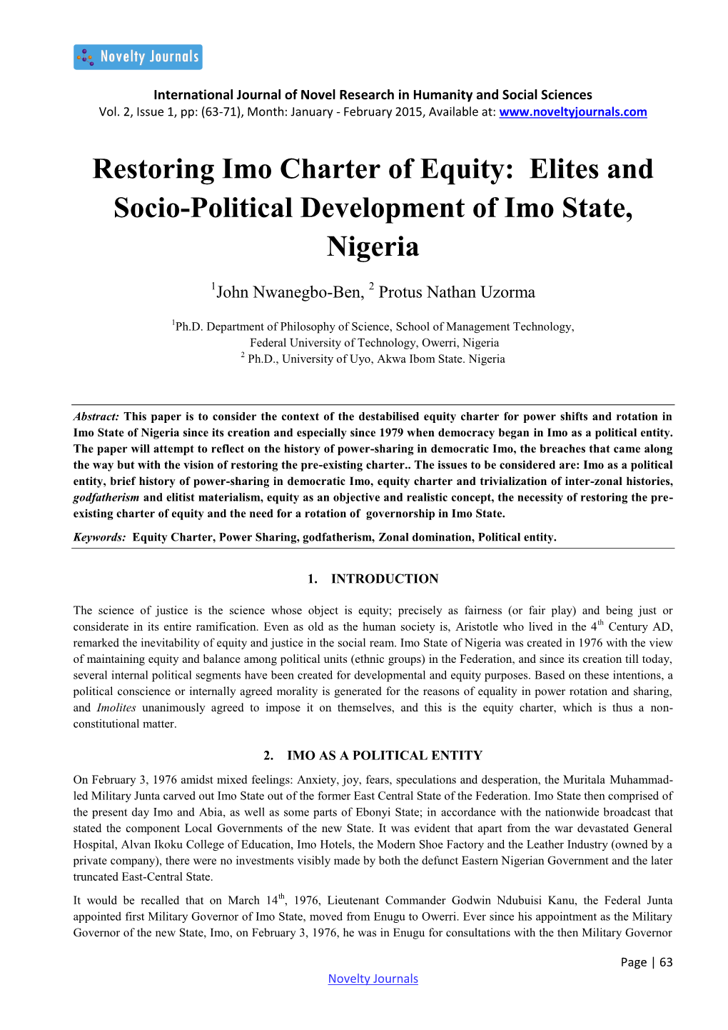 Restoring Imo Charter of Equity: Elites and Socio-Political Development of Imo State, Nigeria