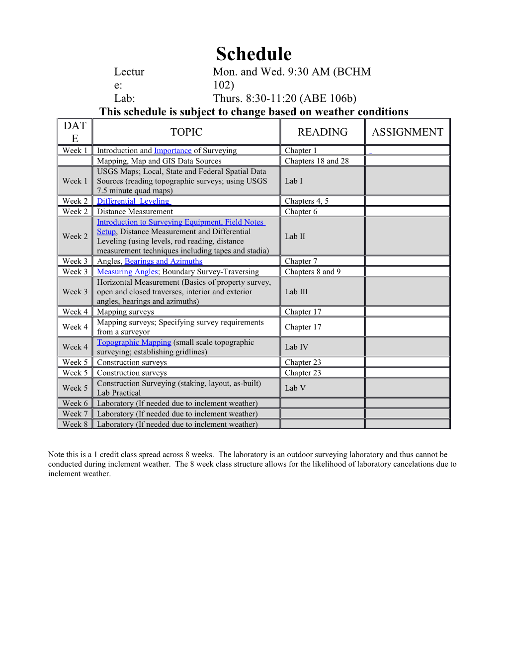 This Schedule Is Subject to Change Based on Weather Conditions