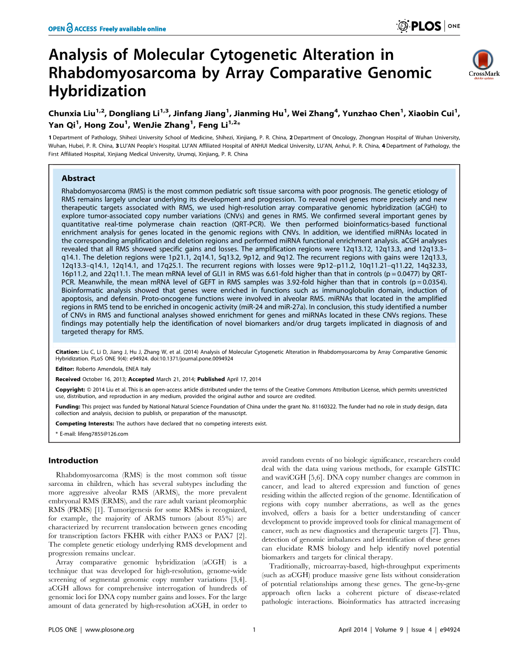 Analysis of Molecular Cytogenetic Alteration in Rhabdomyosarcoma by Array Comparative Genomic Hybridization