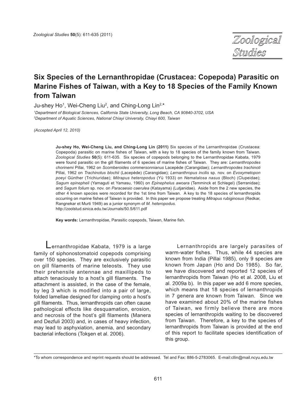 Six Species of the Lernanthropidae (Crustacea