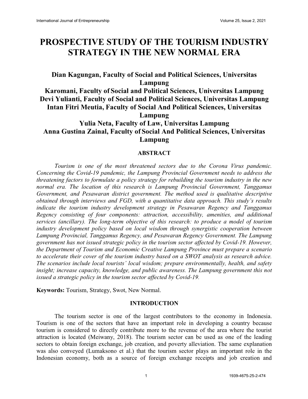 Prospective Study of the Tourism Industry Strategy in the New Normal Era