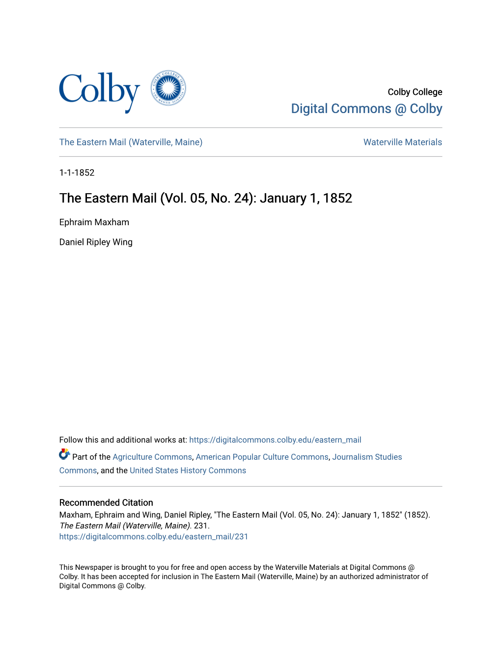 The Eastern Mail (Vol. 05, No. 24): January 1, 1852