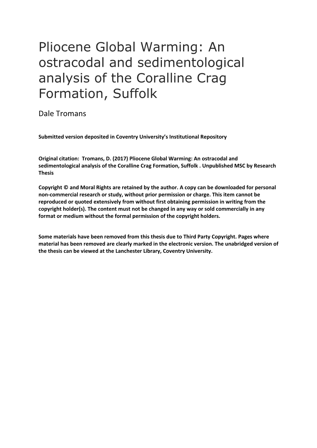 Pliocene Global Warming: an Ostracodal and Sedimentological Analysis of the Coralline Crag Formation, Suffolk