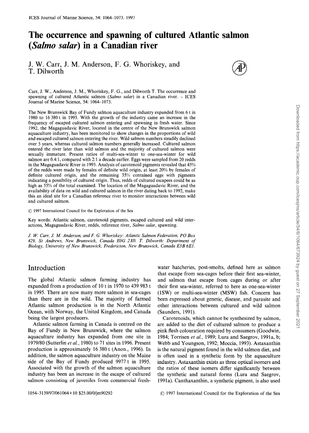 The Occurrence and Spawning of Cultured Atlantic Salmon (Salmo Salau) in a Canadian River