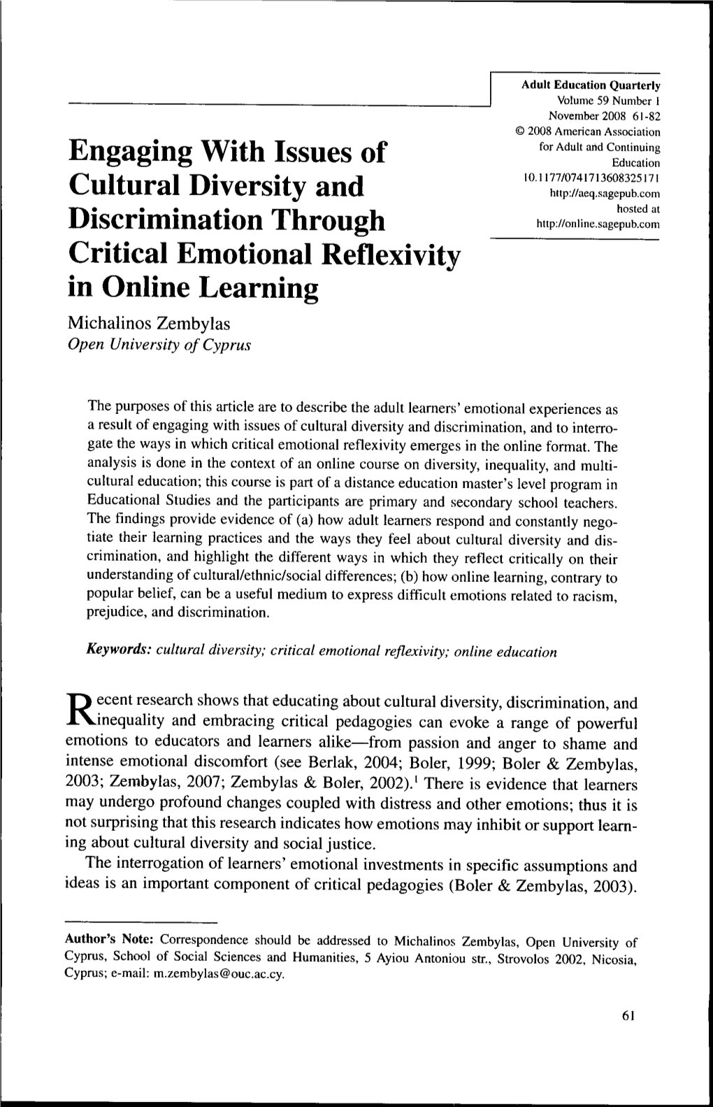 Discrimination Through Critical Emotional Reflexivity in Online Learning