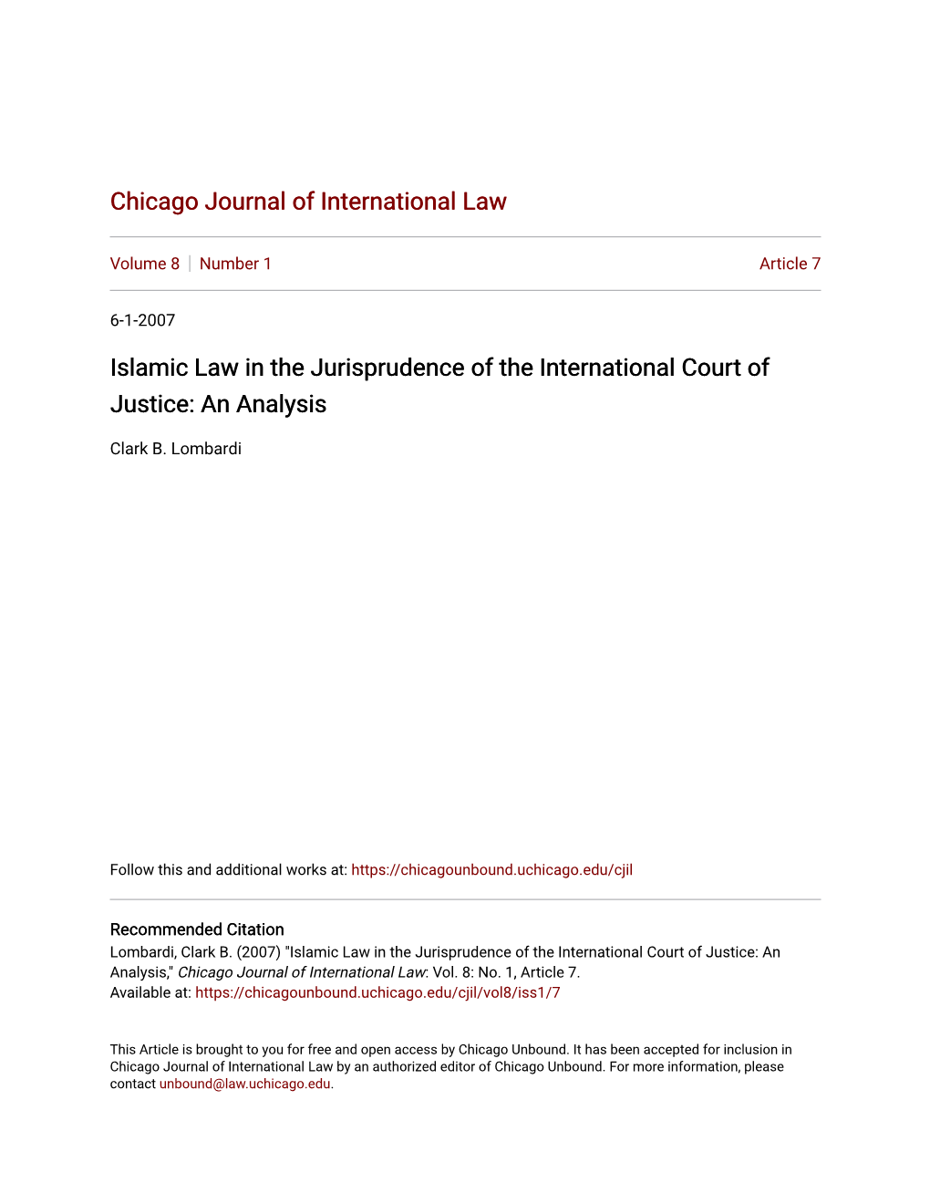 Islamic Law in the Jurisprudence of the International Court of Justice: an Analysis