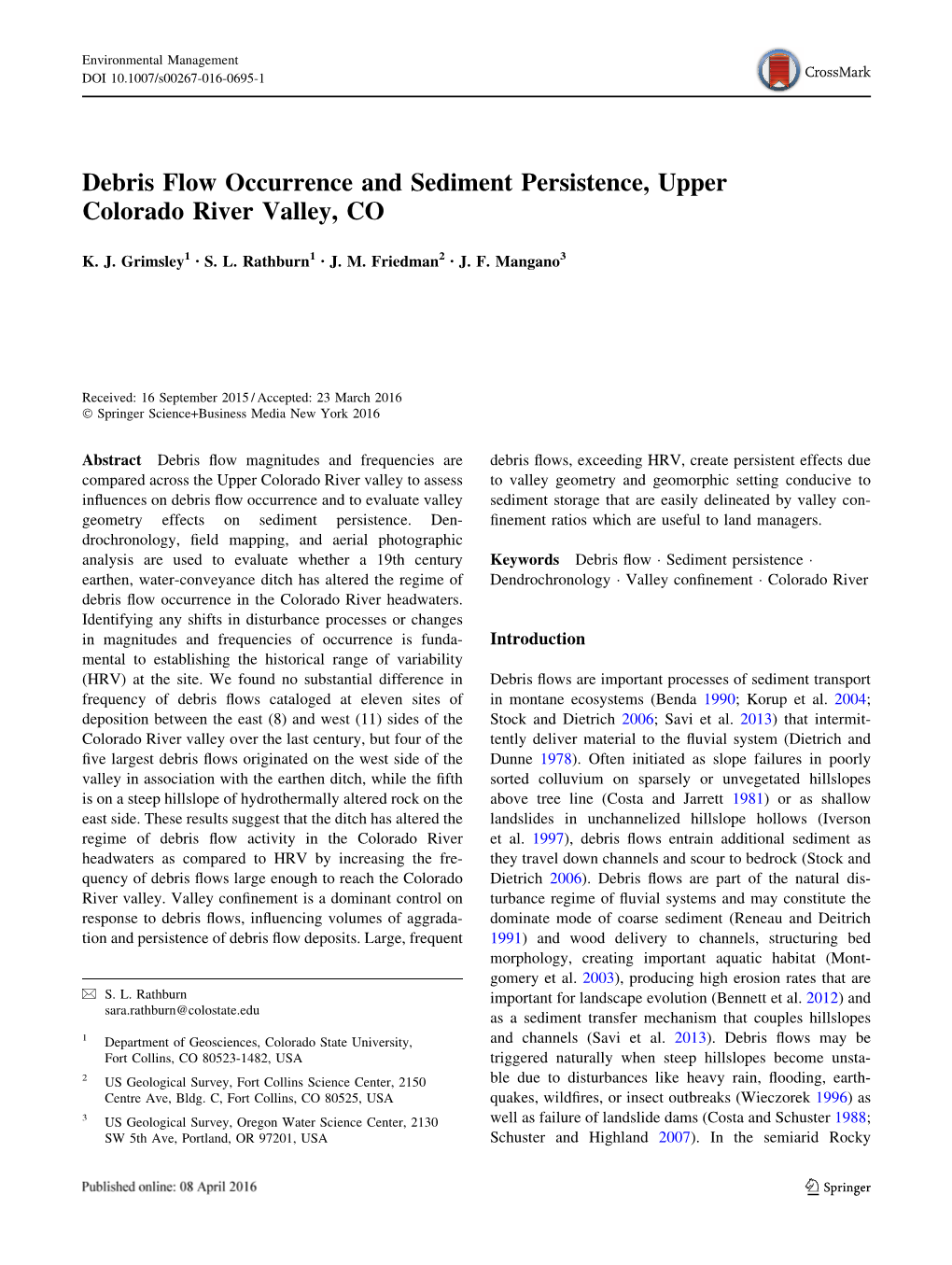 Debris Flow Occurrence and Sediment Persistence, Upper Colorado River Valley, CO