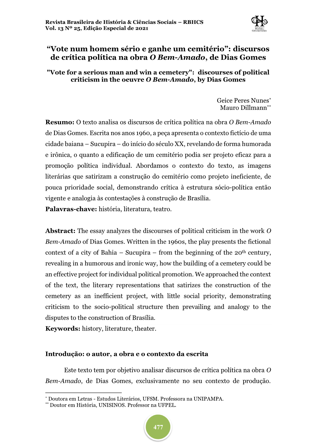 “Vote Num Homem Sério E Ganhe Um Cemitério”: Discursos De Crítica Política Na Obra O Bem-Amado, De Dias Gomes