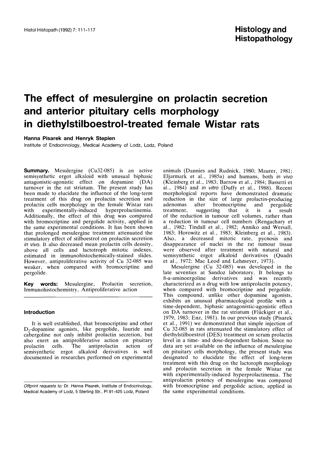 The Effect of Mesulergine on Prolactin Secretion and Anterior Pituitary Cells Morphology in Diethylstilboestrol-Treated Female Wistar Rats