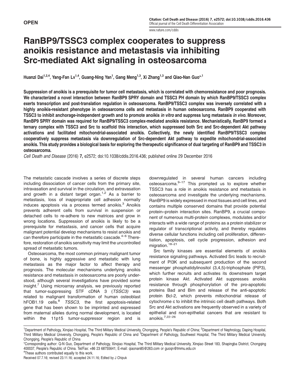 Ranbp9/TSSC3 Complex Cooperates to Suppress Anoikis Resistance and Metastasis Via Inhibiting Src-Mediated Akt Signaling in Osteosarcoma