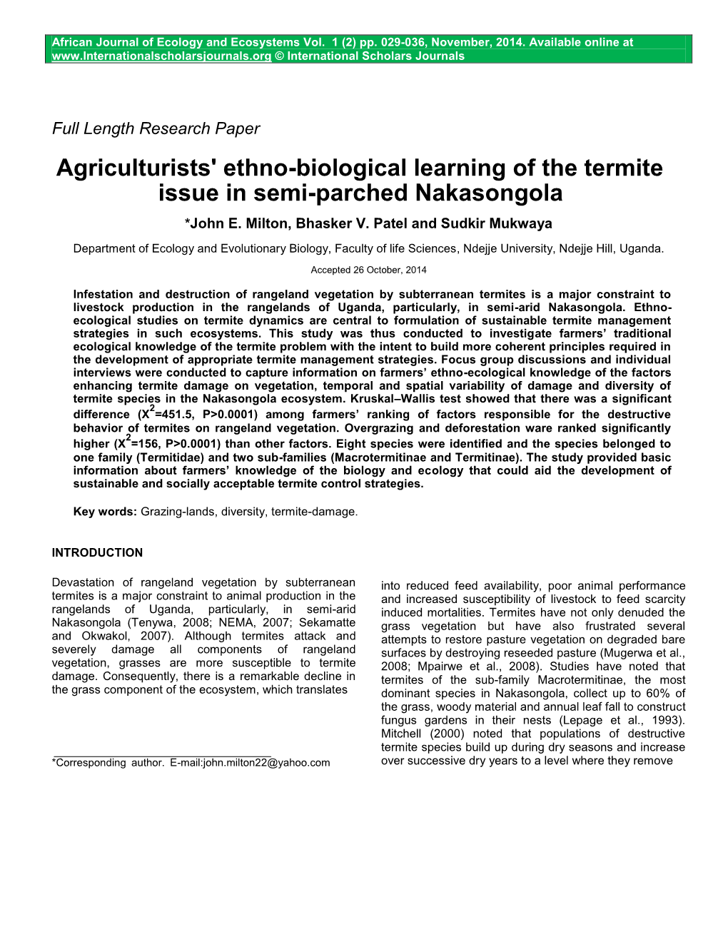 Agriculturists' Ethno-Biological Learning of the Termite Issue in Semi-Parched Nakasongola