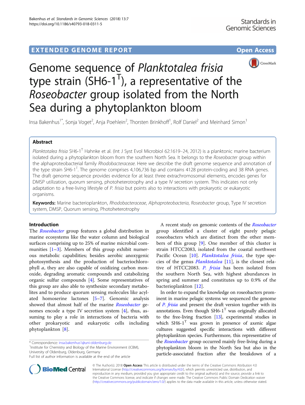 Genome Sequence of Planktotalea Frisia Type Strain (SH6-1T)