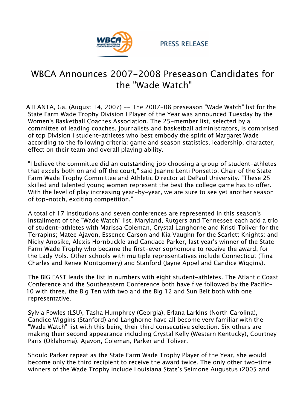 WBCA Announces 2007-2008 Preseason Candidates for the 