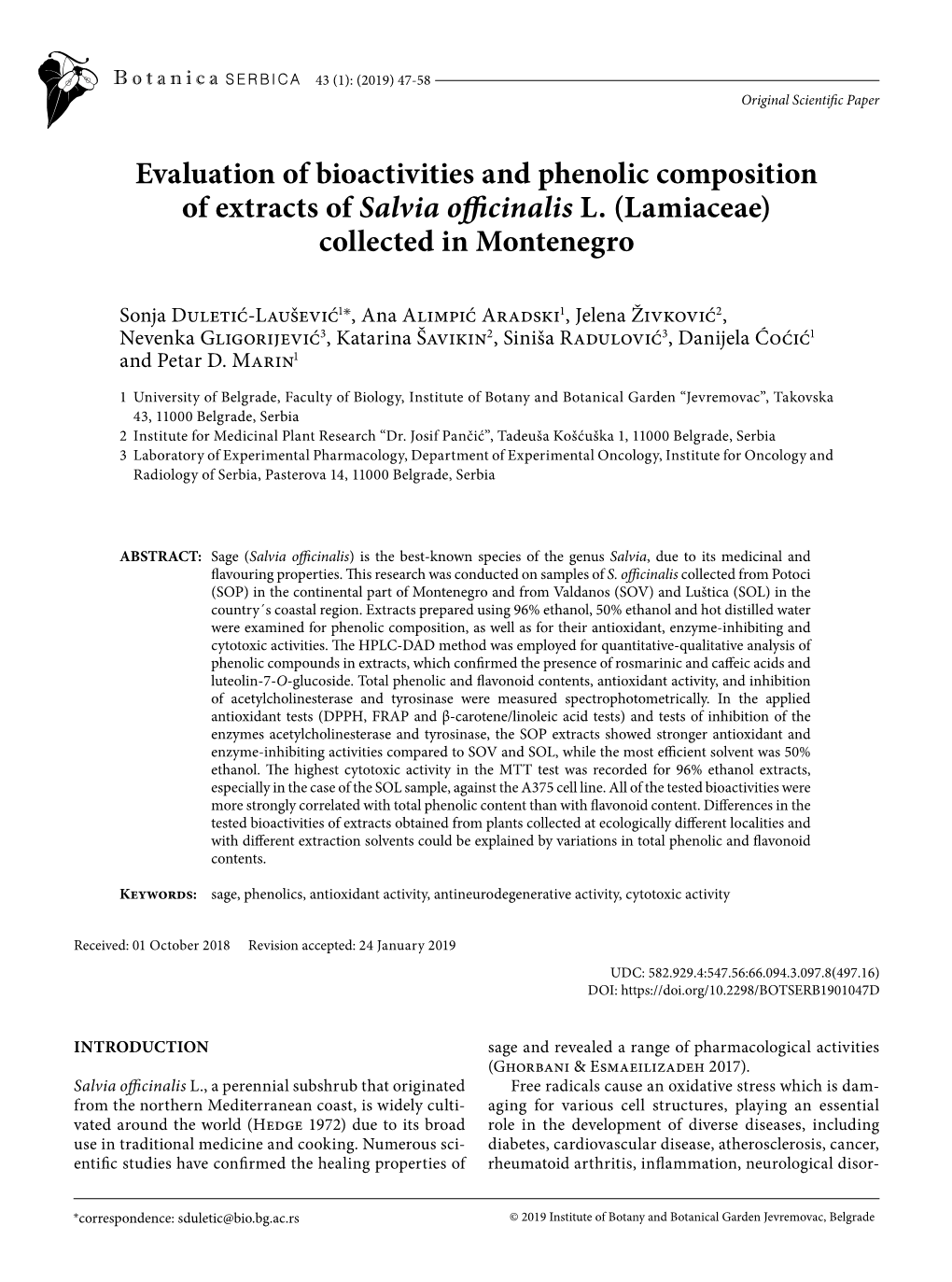 Evaluation of Bioactivities and Phenolic Composition of Extracts of Salvia Officinalis L