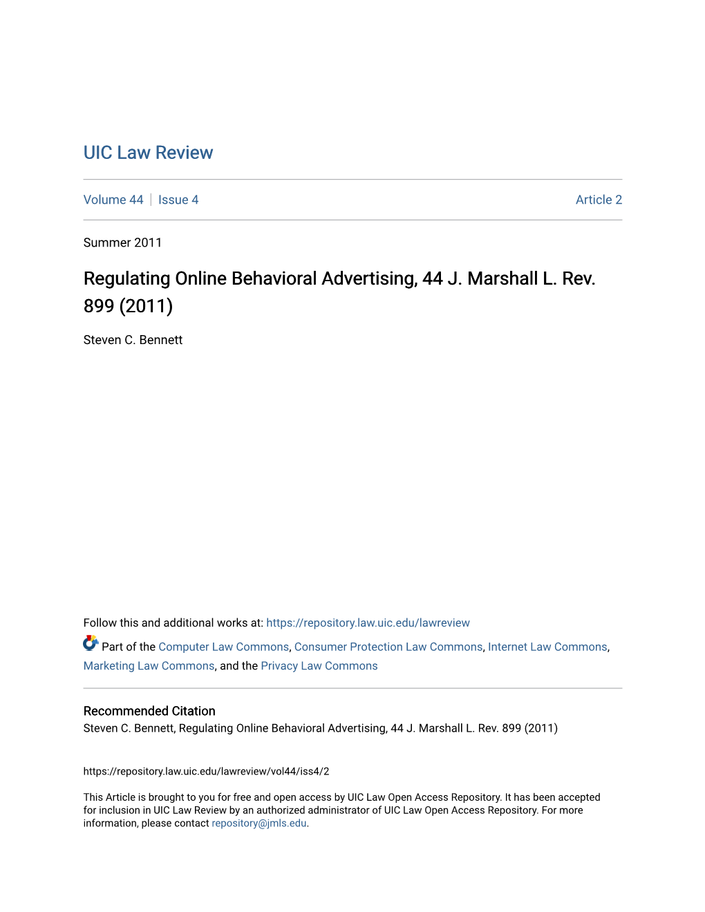 Regulating Online Behavioral Advertising, 44 J. Marshall L. Rev