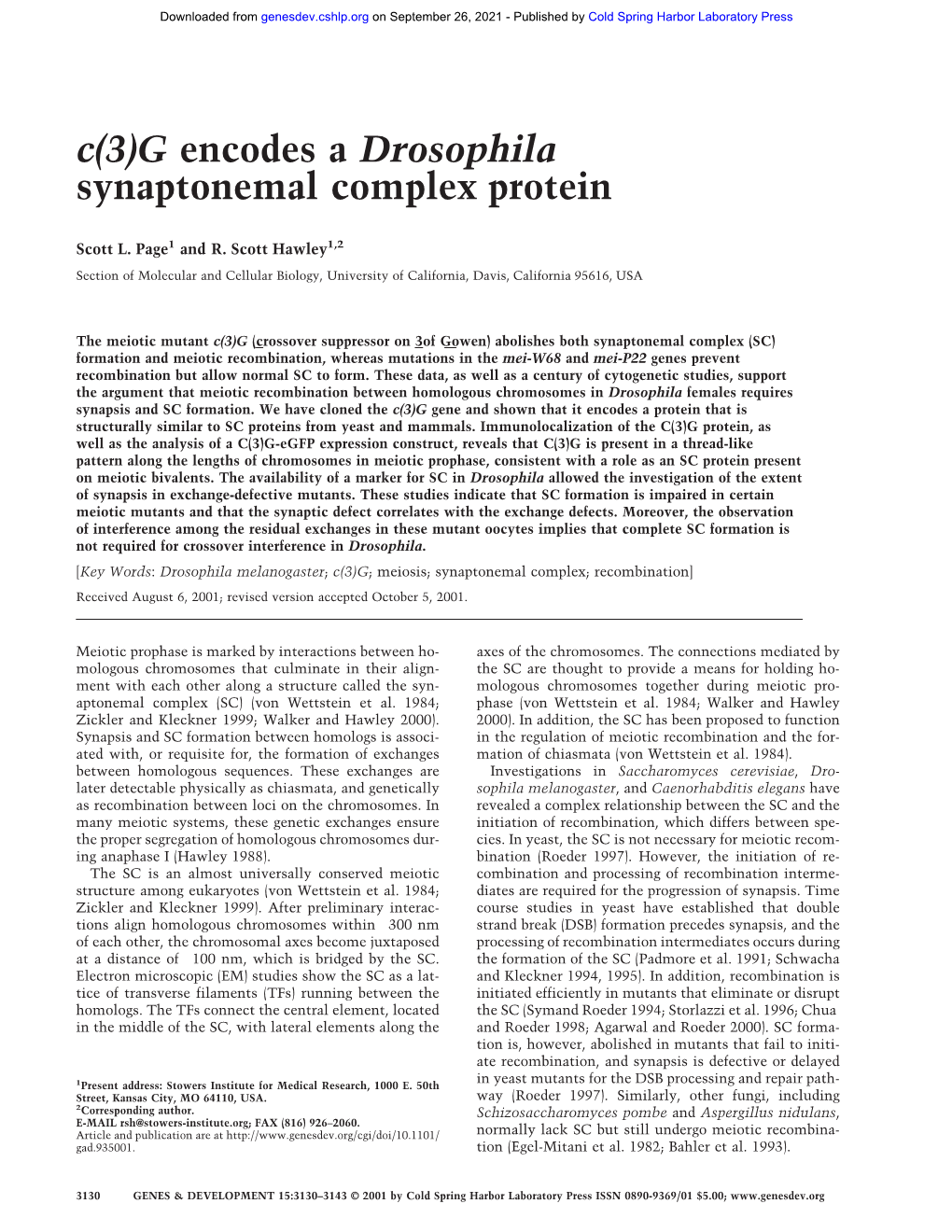 C(3)G Encodes a Drosophila Synaptonemal Complex Protein